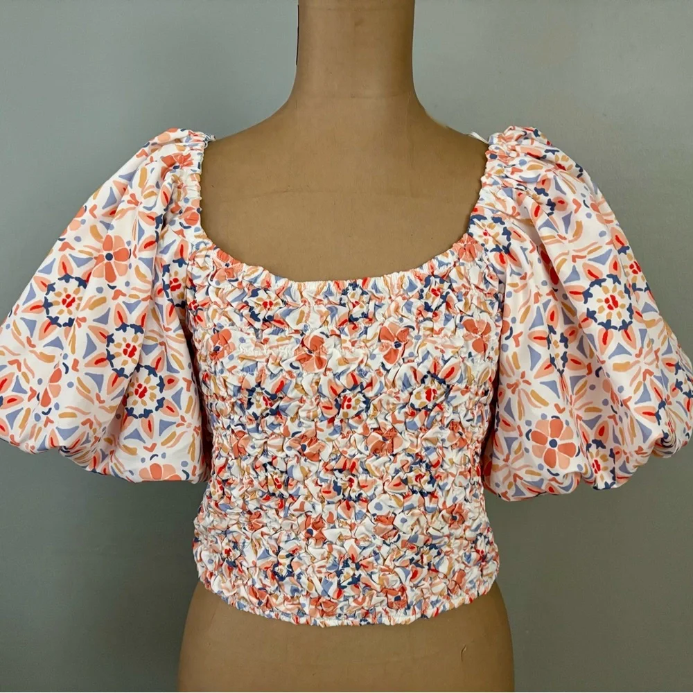 Anthropologie DOLAN Off The Shoulders Textured Floral Top Puff Sleeves Small